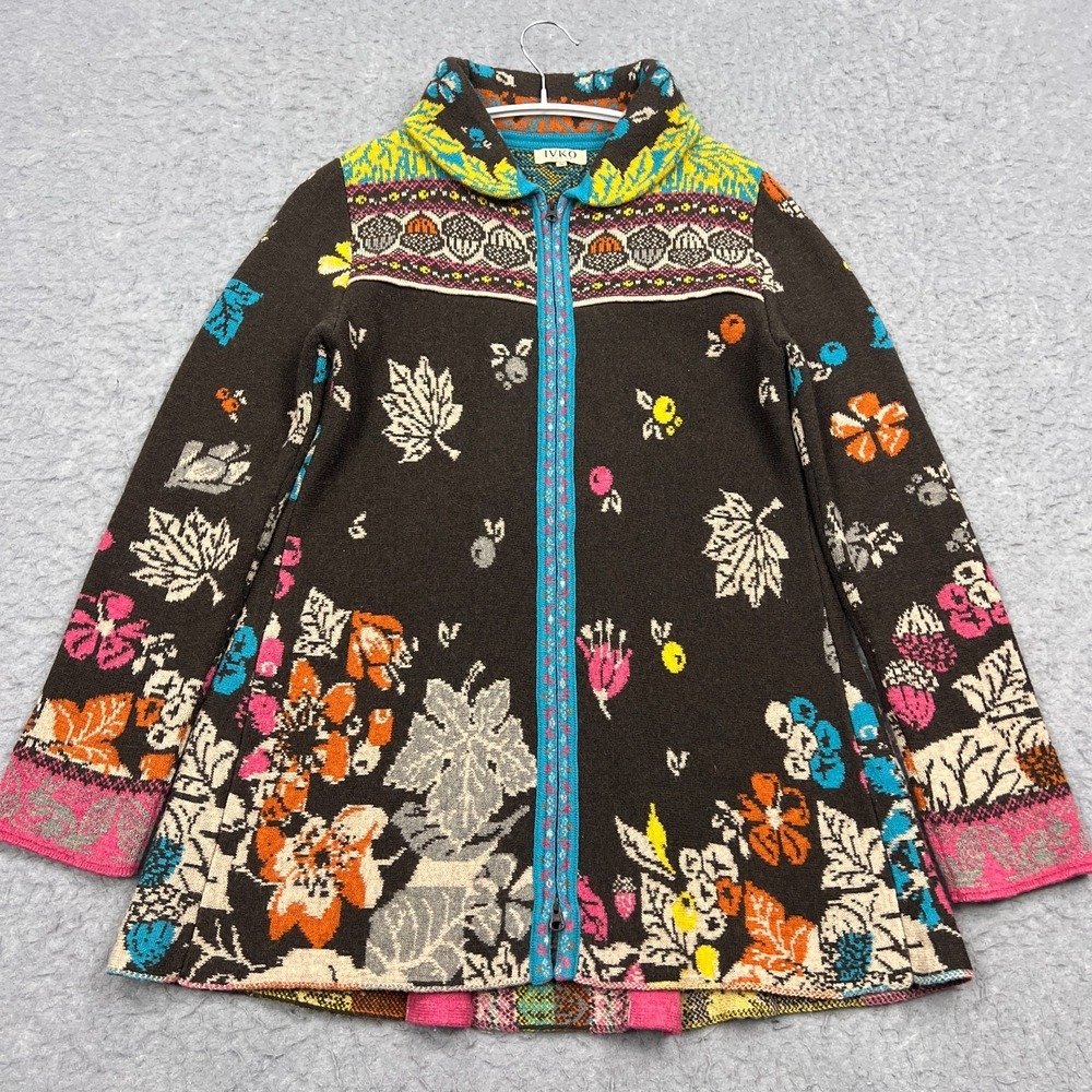 IVKO Woman Cardigan Ladies 36 Brown Wool Knit Long Jacket With Pleat Full‎ Zip
